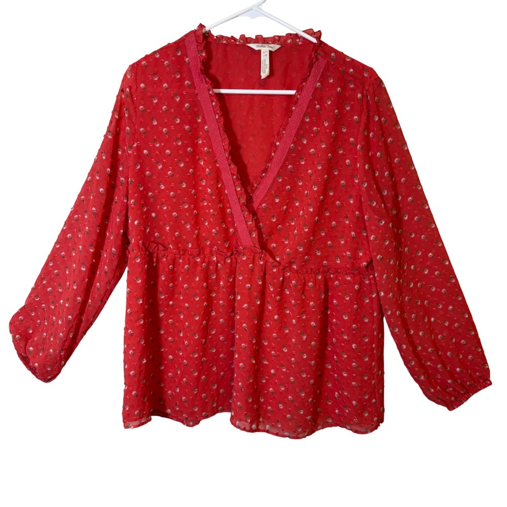 Matilda Jane Red Strawberry Clip Dot Babydoll Blouse Lace Trim V-Neck Top L‎